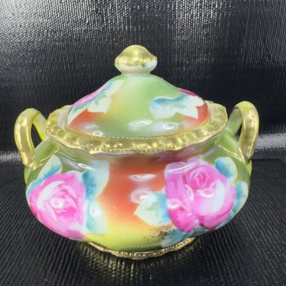 Antique Nippon Porcelain Hand Painted Sugar Bowl Small Container Jar Beaded‎ VTG
